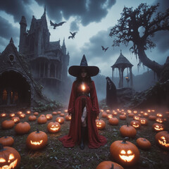 Magic scene with young beautiful witch on foreground