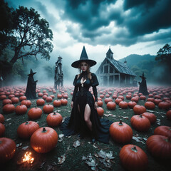 Magic scene with young beautiful witch on foreground