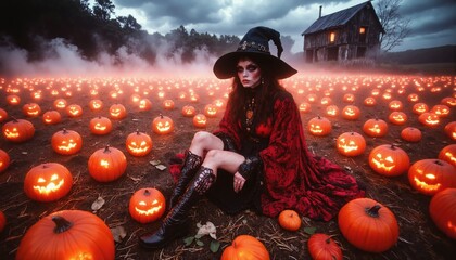Magic scene with young beautiful witch on foreground
