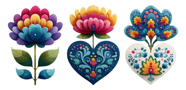 Colorful Floral Designs with Hearts in Folk Art Style on Transparent Background