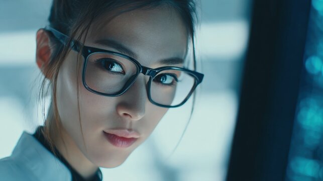 Confident Asian Scientist Analyzing Data in a Futuristic Lab, Wearing Eyeglasses, and White Coat