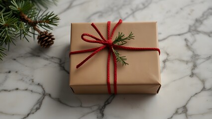 A perfectly wrapped simple Christmas gift box using natural brown paper and red twine placed on a luxurious white marble surface. Holiday concept