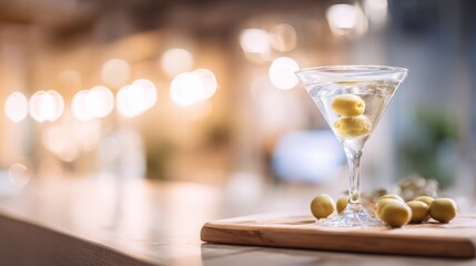 Classic Martini Cocktail with Green Olives on a Wooden Board, Blurred Bar Background