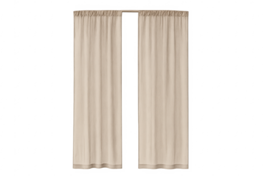 Beige window curtains hanging on a rod, transparent background