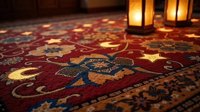 Warm glow of lanterns illuminates intricate oriental carpet patterns, creating a cozy, inviting, and culturally rich atmosphere for storytelling and relaxation.