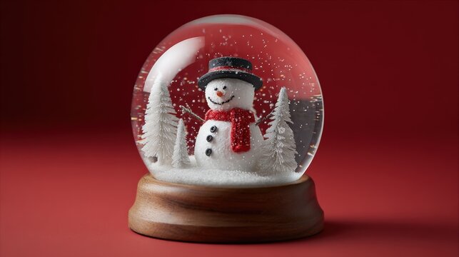 Festive Snowman Snow Globe with Red Scarf and Top Hat Displayed on a Red Background