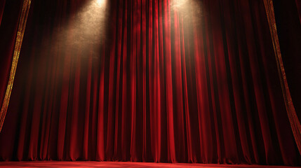 Dramatic red velvet theater curtains with golden details, illuminated by a spotlight.