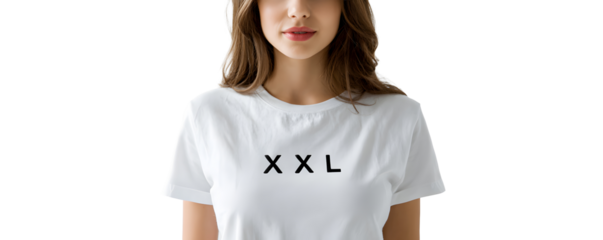 On a transparent background, a beautiful woman with the letter XXL on a T-shirt. Text. Label, tag, price tag for designers, marketers. Sphere of trade, economy, sales, fashion, beauty.