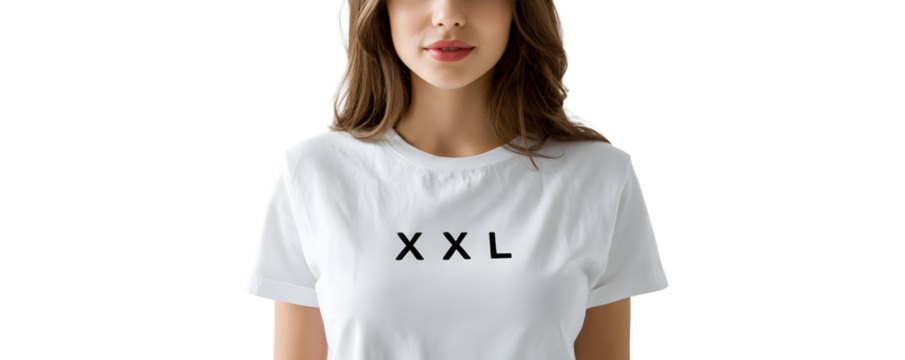 On a transparent background, a beautiful woman with the letter XXL on a T-shirt. Text. Label, tag, price tag for designers, marketers. Sphere of trade, economy, sales, fashion, beauty.