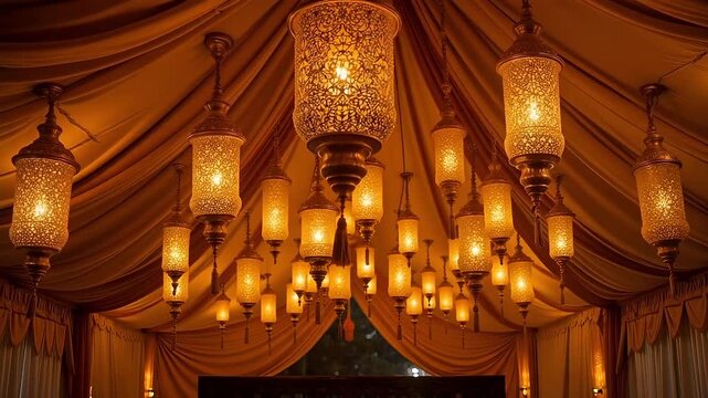 Warm golden light emanates from ornate Moroccan lanterns creating a magical, inviting ambiance perfect for celebratory events and exotic decor settings
