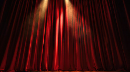 Dramatic red velvet theater curtains with golden details, illuminated by a spotlight.