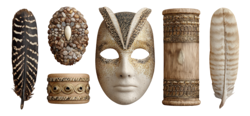 Unique Decorative Mask and Artifacts on Isolated Transparent Background