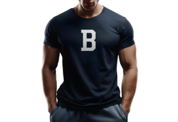 On a transparent background, a handsome young man with the letter B on his T-shirt. Text. Label, tag, price tag for designers. The sphere of trade, economy, sales, fashion, beauty, sports.