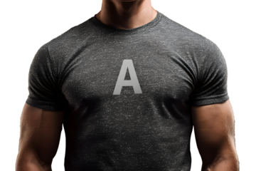 On a transparent background, a handsome young man with the letter A on his T-shirt. Text. Label, tag, price tag for designers. The sphere of trade, economy, sales, fashion, beauty, sports.
