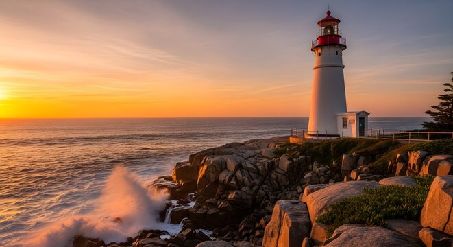 White lighthouse on rocky coast at sunset with waves crashing against shore - Powered by Adobe
