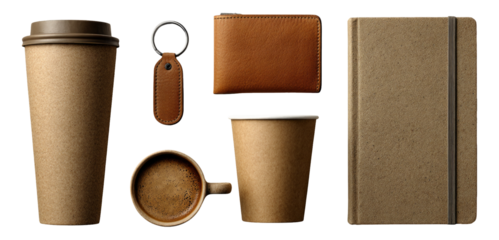 Isolated Brown Coffee Cup, Leather Wallet, Notebook, and Keychain on Transparent Background