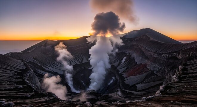 Active volcano crater emitting plumes of steam against a vibrant sunset sky - Powered by Adobe