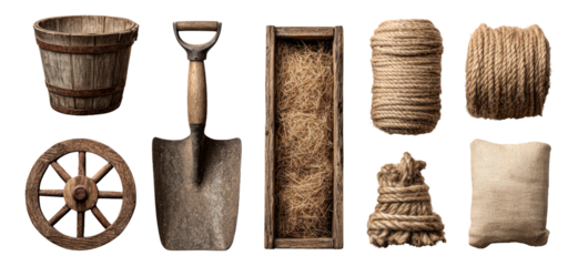 Rustic Wooden and Natural Tools for Farm and Garden Use Isolated on Transparent Background
