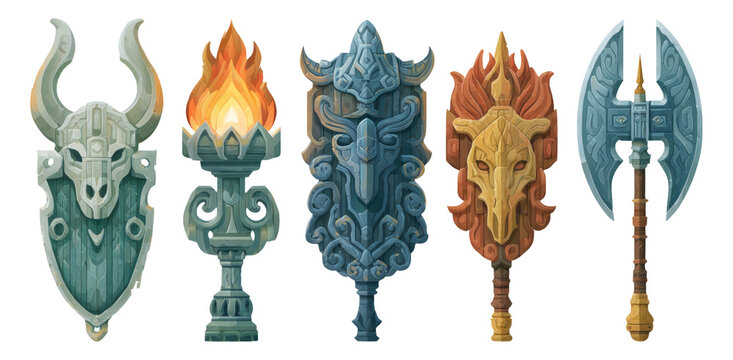 Artistic Collection of Colorful Shields and Weapons in Isolated Background