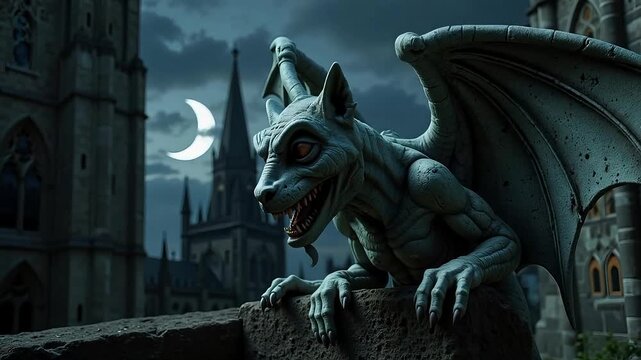 Creepy gargoyle guarding ancient castle under moonlight, perfect for fantasy, horror, or gothic themed projects, creating a dark and mysterious vibe