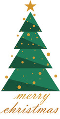 Modern geometric Christmas tree illustration with golden decorations and Merry Christmas text