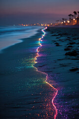 Vibrant line of glowing colors on beach creates magical atmosphere at dusk, reflecting beauty of nature and light