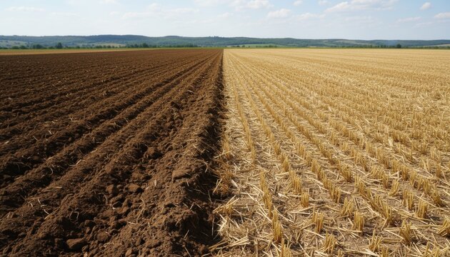 Side view medium shot of a field where plowed and notill sections meet highlighting contrasting soil preparation methods under natural daylight.