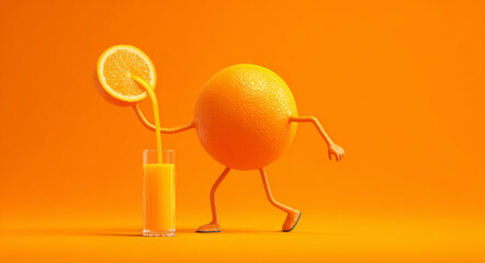Anthropomorphic orange with arms and legs joyfully pours juice into glass, creating vibrant and playful scene