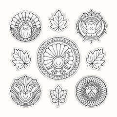 Thanksgiving bundle Collection of decorative ornamental circular and leaf motifs in black and white outline style