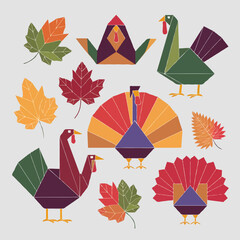 Thanksgiving bundle Geometric origami thanksgiving turkeys and autumn leaves collection