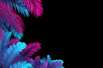 Vibrant palm leaves in neon pink and blue colors create striking contrast against black background, evoking tropical and modern aesthetic