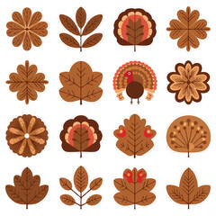 Thanksgiving bundle Collection of autumn leaves and thanksgiving turkeys in a grid pattern