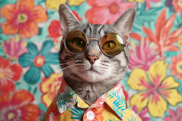 Funny cat wearing sunglasses and Hawaiian shirt, posing confidently against vibrant floral background, radiating playful vibe