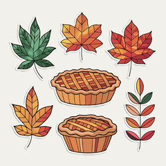 Thanksgiving bundle Autumn harvest pies and colorful fall leaves illustration