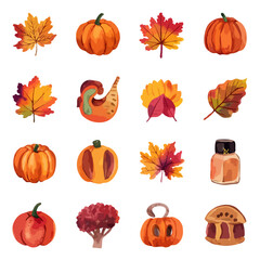 Thanksgiving bundle Collection of autumn harvest icons featuring pumpkins and fall leaves