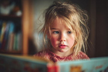 Little girl reading children book at home, focused and curious, with messy hair and bright blue eyes, immersed in her story