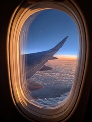 High-altitude view of fluffy clouds and a sunrise seen through an airplane window, showcasing the wing and a beautiful sky.