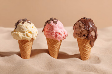 Delicious melted ice cream cones featuring chocolate, vanilla, and strawberry flavors, topped with chocolate shavings, evoke sweet indulgence
