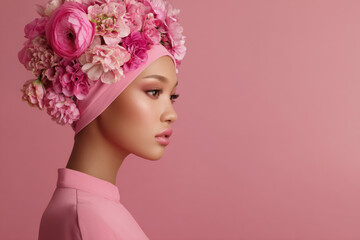 Fashion model with floral headpiece poses gracefully against pink background, exuding elegance and beauty
