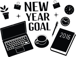 Vector art of new year goal concept with laptop, coffee cup, and office supplies