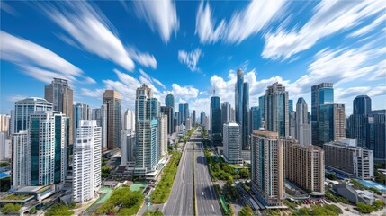 Fototapeta premium Fast Moving Clouds Over Financial District Skyline with Blue Sky