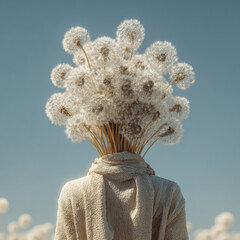 Woman stands with unique head made of dandelions, surrounded by field of fluffy dandelion seeds clear blue sky, evoking whimsical and serene