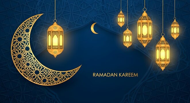 Luxury Ramadan Kareem Background with Golden Crescent Moon and Hanging Fanous Lanterns.