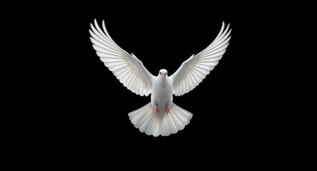 Obraz premium A white dove in flight against a black background, with wings spread wide