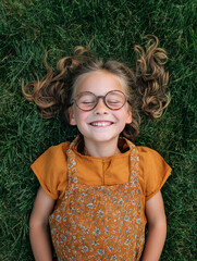 Joyful little girl with glasses lies on green grass, smiling brightly. Her curly hair frames her face, and she wears floral dress