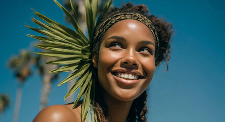 Smiling woman with palm leaf on head, bright blue sky, joyful expression, tropical vibe, sunny day, nature background