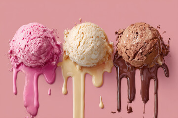 Melting ice cream scoops in pink, white, and chocolate colors create delightful and tempting scene