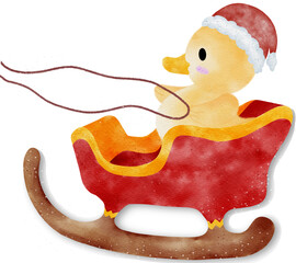 Christmas illustration with yellow duckling and roller skates.Cute yellow duckling