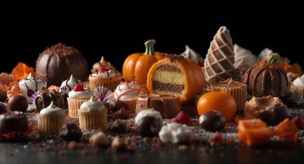 Assortment of Delicious Desserts and Chocolates on a Dark Background