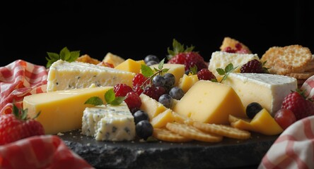 Assortment of Gourmet Cheeses and Fresh Berries on Dark Slate